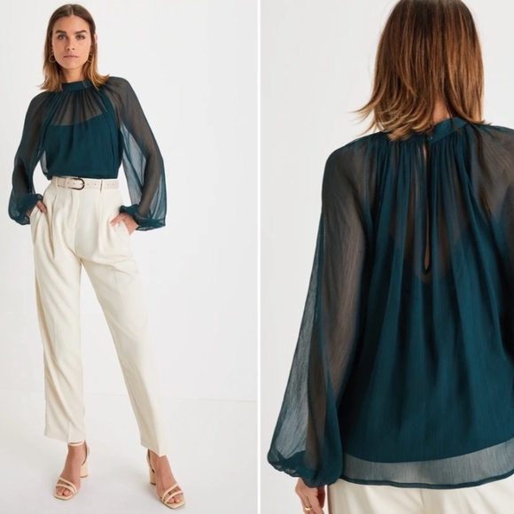 LULU's Sexy Romantic Chic Elegant Sophisticated Sheer Long Sleeve Blouse Top - Picture 5 of 5